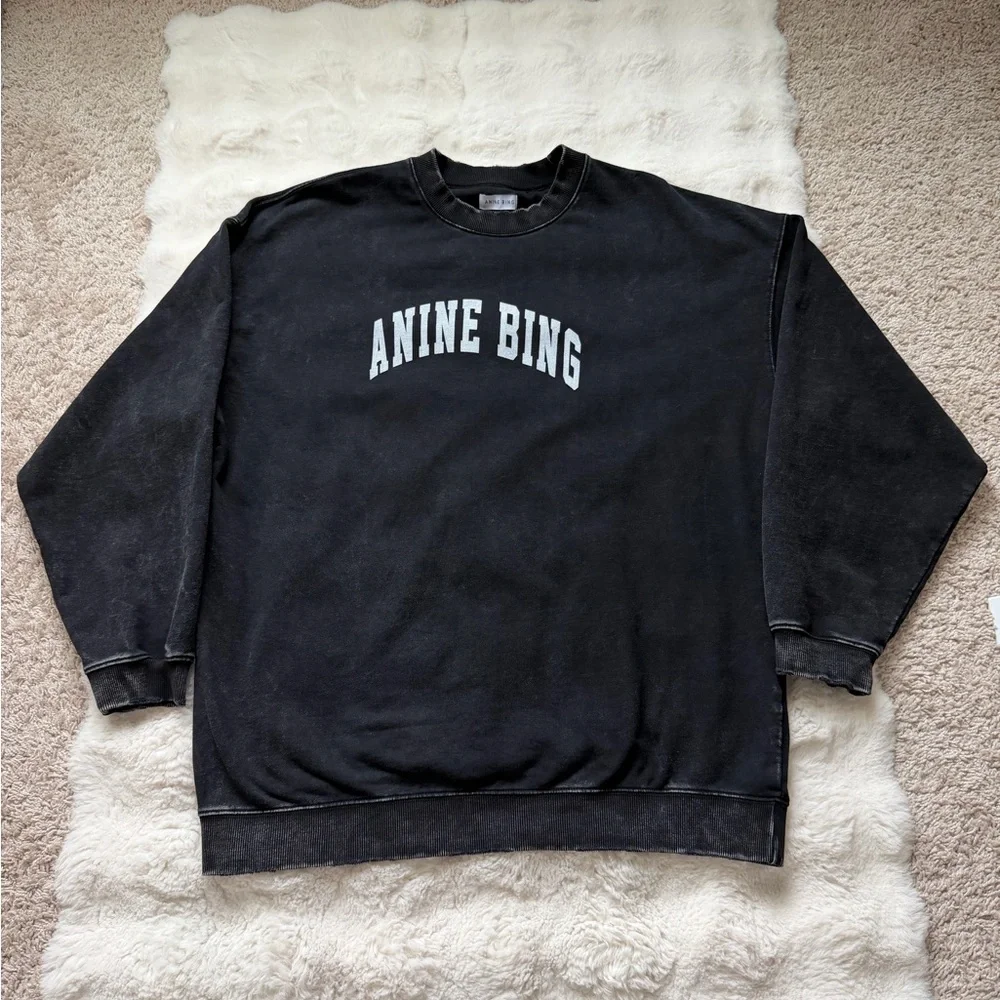 Anine Bing Tyler Cotton Logo Washed Black Crew Neck Sweatshirt-Scandi Girl Style - Picture 10 of 16